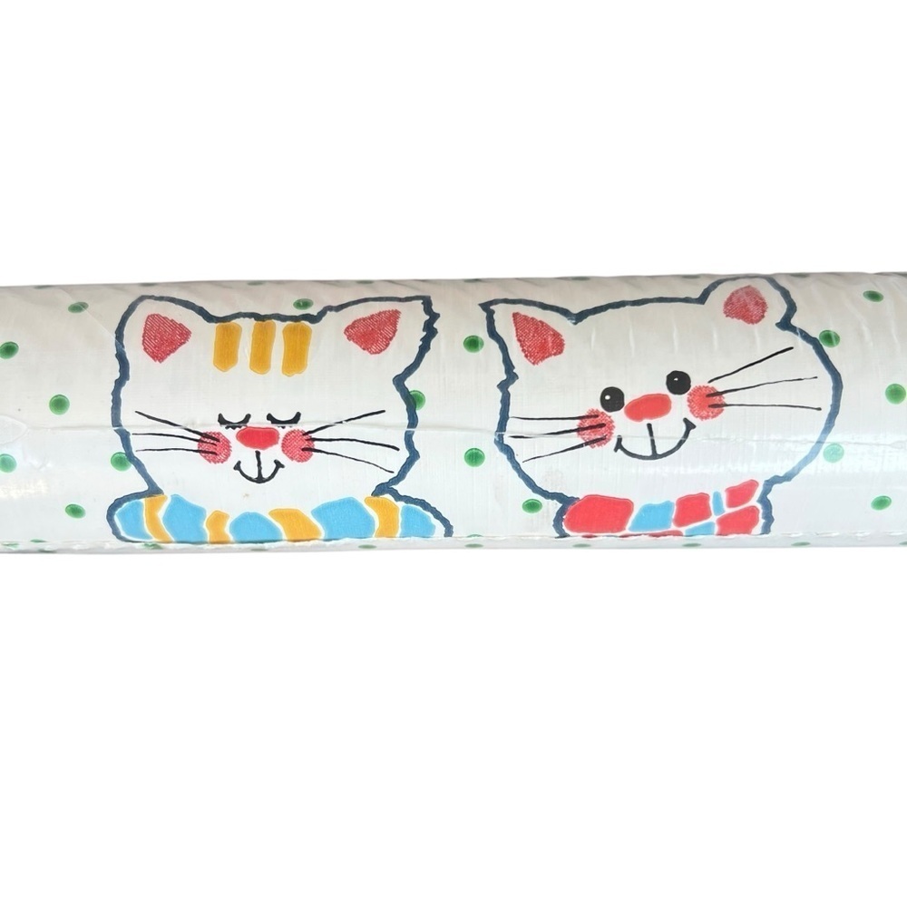 Vintage Cat Kitty Wallpaper Double Roll Polka Dots Flowers Kitschy Sunworthy NOS